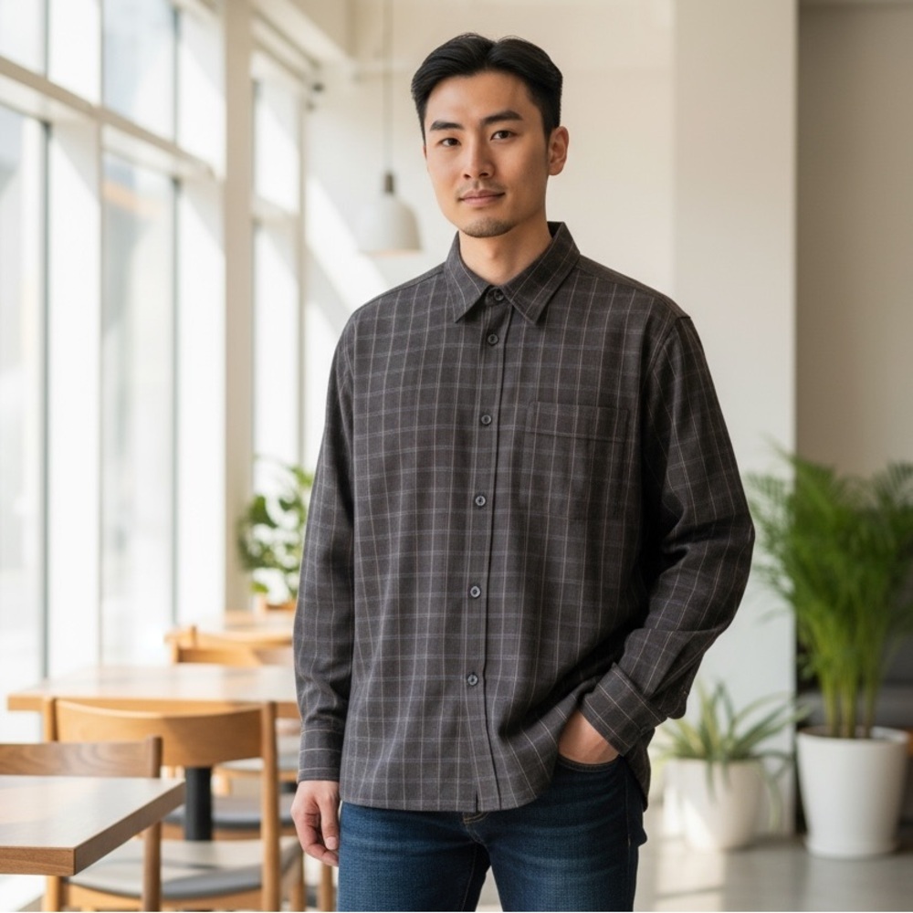 ERMENEGILDO ZEGNA Plaid Print Button Front Shirt Gray L